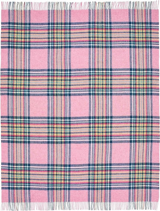 Moon Wool Plaid Throw Blanket, Pure New Wool, St Ives Pink, Made in UK