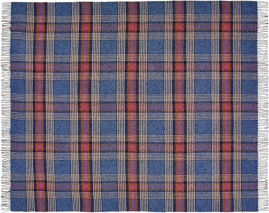 Moon Wool Plaid Throw Blanket, Pure New Wool, Christchurch Mid Blue, Made in UK