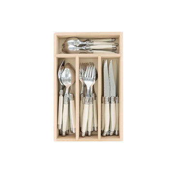 Andre Verdier Laguiole Debutant 24 Piece Flatware Set, Steak Knives, Forks, Soup Spoons, Teaspoons, Ivory Color, Made In France