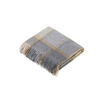 Moon Wool Plaid Throw Blanket, Merino Lambswool, Block Windowpane Beige Grey, Made in UK